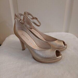 Gold SACHA LONDON handmade high heels peep toe stiletto pumps ankle strap Sz 5.5